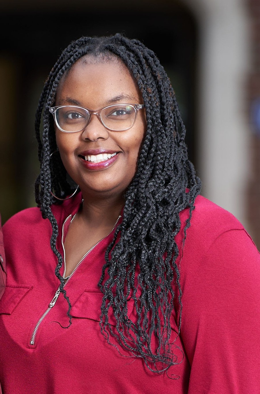 red shirt. woman, glasses