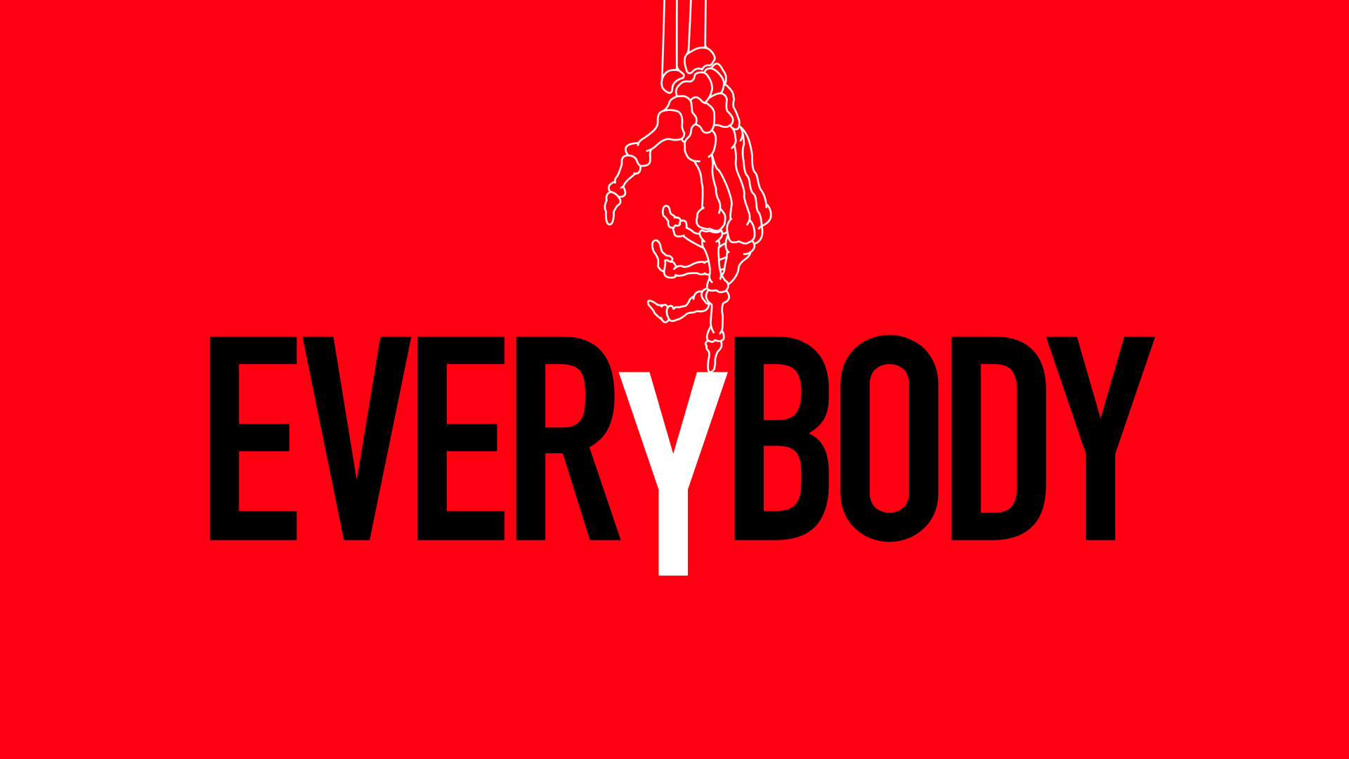 The title of the show in bold font against a red background with the outline of a skeletal hand reaching out and touching the letter Y.