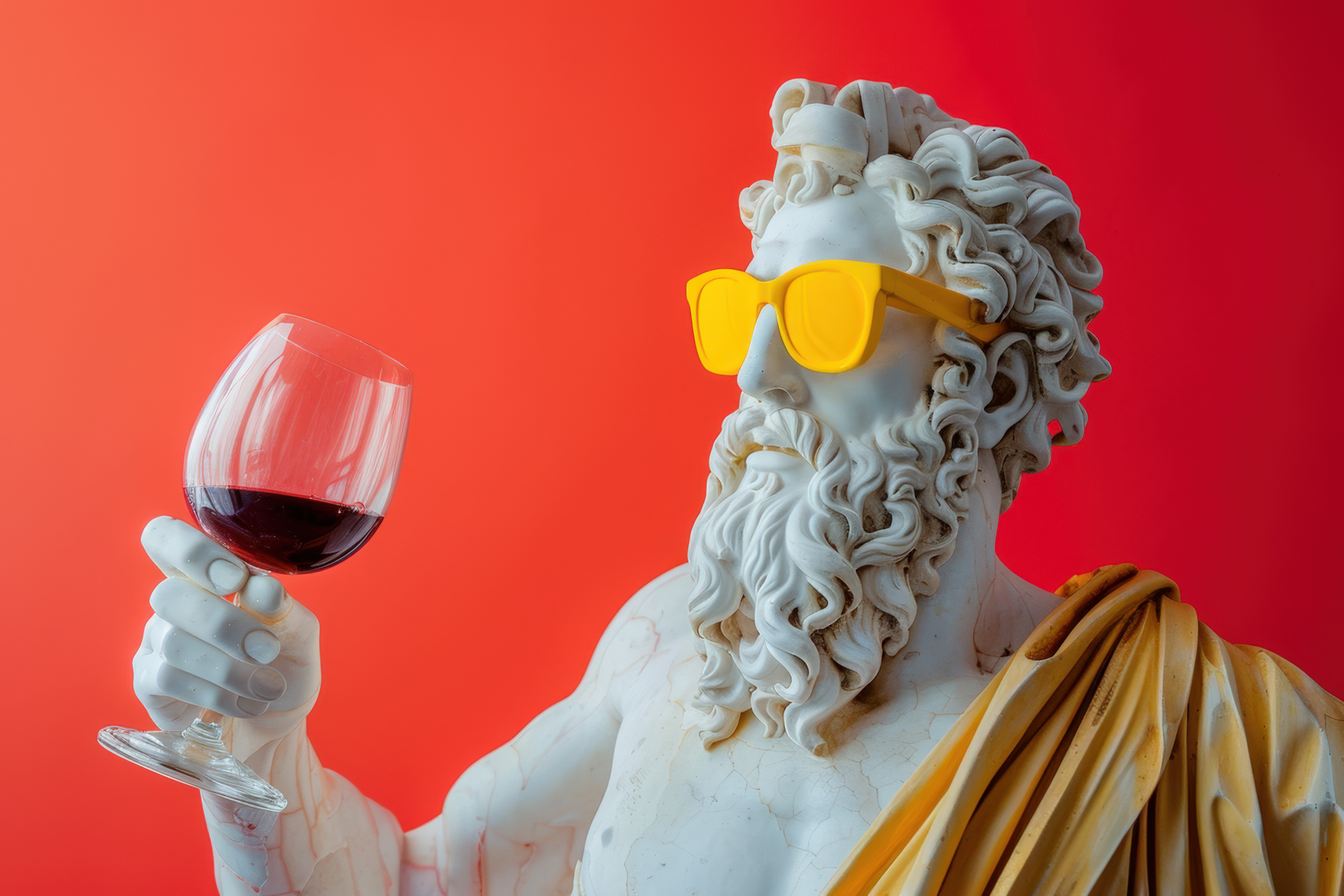 A photo of a marble statue with sunglasses drinking wine.